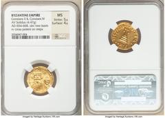 Ancients Byzantine Constans II Pogonatus (AD 641-668), and Constantine IV. AV solidus (19mm, 4.47 gm, 6h). NGC MS 5/5 - 4/5. Constantinople, 3rd officina. ca. AD 654-668. d N CONSTANTINЧS C CONSTANTIN