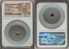 Ancients Greek IONIA. Uncertain mint. Ca. 650-600 BC. EL 1/24 stater or myshemihecte (7mm, 0.62 gm). NGC AU 5/5 - 4/5. Blank convex surface / Incuse square punch with striated geometric interior surfa