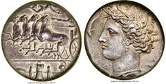 Ancients Greek SICILY. Syracuse. Time of Dionysius I (405-370 BC). AR decadrachm (33mm, 42.49 gm). NGC AU 4/5 - 4/5, Fine Style. Reverse die signed by Euainetos, ca. 400 BC. Racing quadriga driven lef