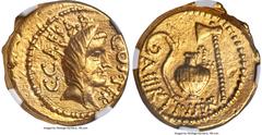 Ancients Roman Republic Julius Caesar, as Consul for the Third Time (46 BC), with Aulus Hirtius, as Praetor. AV aureus (20mm, 8.00 gm, 1h). NGC AU 4/5 - 4/5. Rome, 46 BC. C•CAESAR-COS•TER, veiled fema