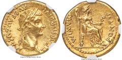 Ancients Roman Imperial Tiberius (AD 14-37). AV aureus (19mm, 7.76 gm, 7h). NGC Choice AU 5/5 - 4/5. Lugdunum, ca. AD 14-17. TI CAESAR DIVI-AVG F AVGVSTVS, laureate head of Tiberius right / PONTIF-MAX