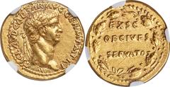 Ancients Roman Imperial Claudius I (AD 41-54). AV aureus (19mm, 7.65 gm, 2h). NGC AU S 5/5 - 4/5. Rome, AD 41-42. TI CLAVD CAESAR AVG GERM P M TR P, laureate head of Claudius I right / EX S C / OB CIV