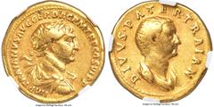 Ancients Roman Imperial Trajan (AD 98-117), with Divus Trajan Pater. AV aureus (19mm, 7.01 gm, 7h). NGC VF 5/5 - 4/5. Rome, AD 112-117. IMP TRAIANVS AVG GER DAC P M TR P COS VI P P, laureate, draped, 