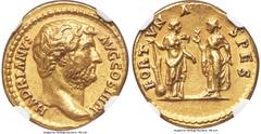 Ancients Roman Imperial Hadrian (AD 117-138). AV aureus (18mm, 7.27 gm, 6h). NGC AU 5/5 - 3/5, Fine Style. Rome, ca. AD 130-138. HADRIANVS-AVG COS III P P, bare head of Hadrian right / FORT-VN-A-SPES,