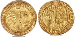 Spain Ferdinand & Isabella (1474-1504) gold 4 Excelentes ND (from 1497) (Aqueduct)-A MS62 PCGS, Segovia mint, Fr-125, MEC VI-Unl., Cal-770 (this coin), Cay-2954, ORC-291 (same dies). 14.02gm. +FЄRnAnD