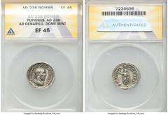 Ancients Roman Imperial Pupienus (April-July AD 238). AR denarius (20mm, 12h). ANACS XF 45. Rome. IMP C M CLOD PVPIENVS AVG, laureate, draped and cuirassed bust of Pupienus right, seen from behind / P