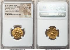 Ancients Greek PONTIC KINGDOM. Mithradates VI Eupator the Great (120-63 BC). AV stater (20mm, 8.25 gm, 12h). NGC AU 4/5 - 4/5. Issue of Tomis, in name and types of Lysimachus of Thrace, 88-86 BC. Diad