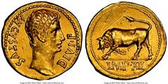Ancients Roman Imperial Augustus (27 BC-AD 14). AV aureus (20mm, 7.85 gm, 7h). NGC Choice XF 5/5 - 2/5, ex-jewelry, scratches. Lugdunum, 11-10 BC. AVGVSTVS-DIVI•F, bare head of Augustus right / IMP•XI