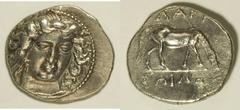 Thessaly, Larissa. Ca. 370s-360s B.C. AR drachm (21 mm, 6.01 g, 12 h). Head of the nymph Larissa facing slightly right, hair above ampyx combed straight back / Horse grazing right. C. Lorber, "A Hoard