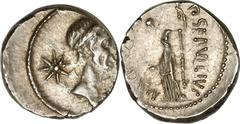 Julius Caesar. 44 B.C. AR denarius (17 mm, 3.92 g, 9 h). Rome. P. Sepullius Macer, moneyer. Laureate head of Julius Caesar right; star of eight rays behind / Venus standing left, holding Victory and s