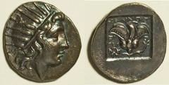Islands off Caria, Rhodos. Rhodes. Ca. 150-125 B.C. AR drachm (16 mm, 3.19 g, 12 h). Chalinos, magistrate. Radiate head of Helios right / Rose, bud to right; to left, wreath; all within incuse square.