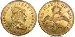 Early Eagles 1795 $10 9 Leaves, BD-3, R.6, MS63+ PCGS. CAC. Ex: Simpson. Bass-Dannreuther Die State d/b, with a die lump near the second leaf on the branch, and die cracks at the first T in STATES, an