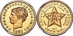 Proof Four Dollar Gold Pieces 1880 $4 Coiled Hair Stella, Judd-1660, Pollock-1860, JD-1, Low R.7, PR61 NGC. The 1879 and 1880 Coiled Hair stellas and the 1880 Flowing Hair are among the great rarities