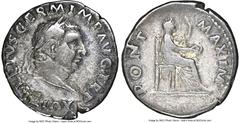 Ancients Roman Imperial Vitellius (July-December AD 69). AR denarius (19mm, 6h). NGC VF, graffito. Rome. A VITELLIVS GERM IMP AVG TR P, laureate head of Vitellius right / PONT-MAXIM, Vesta enthroned r