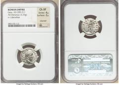 Ancients Roman Imperial Geta, as Augustus (AD 209-211). AR denarius (19mm, 3.25 gm, 6h). NGC Choice XF 4/5 - 2/5, cleaned. Rome, AD 211. P SEPT GETA-PIVS AVG BRIT, laureate head of Geta right / LIBERA