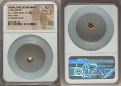 Ancients Greek IONIA. Uncertain mint. Ca. 650-600 BC. EL 1/24 stater or myshemihecte (6mm, 0.58 gm). NGC AU 5/5 - 4/5. Blank convex surface / Incuse square punch with striated geometric interior surfa