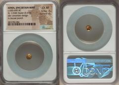 Ancients Greek IONIA. Uncertain mint. Ca. 650-600 BC. EL 1/24 stater or myshemihecte (6mm, 0.57 gm). NGC Choice XF 4/5 - 4/5. Blank convex surface / Incuse square punch with striated geometric interio