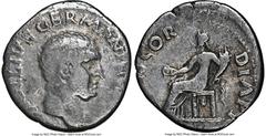 Ancients Roman Imperial Vitellius (16 April-22 December AD 69). AR denarius (18mm, 6h). NGC Fine. Rome, July-December AD 69. A VITELLIVS GERM IMP AVG TR P, laureate head of Vitellius right / CONCOR-DI