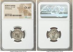 Ancients Roman Imperial Balbinus (April-July AD 238). AR denarius (20mm, 1h). NGC Choice XF. Rome. IMP C D CAEL BALBINVS AVG, laureate, draped and cuirassed bust of Balbinus right, seen from front / P