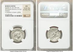 Ancients Roman Imperial Gordian III, as Augustus (AD 238-244). AR antoninianus (23mm, 4.41 gm, 1h). NGC AU 4/5 - 4/5. Antioch, ca. 242-244. IMP GORDIANVS PIVS FEL AVG, radiate, draped, and cuirassed b