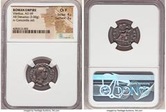 Ancients Roman Imperial Vitellius (July-December AD 69). AR denarius (19mm, 3.06 gm, 7h). NGC Choice Fine 4/5 - 3/5. Rome. A VITELLIVS GERMERMANICVS IMP, bare head of Vitellius right / CONCOR-DIA P R,