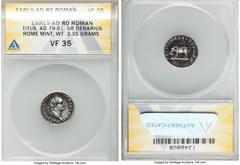 Ancients Roman Imperial Titus, as Augustus (AD 79-81). AR denarius (18mm, 3.35 gm, 6h). ANACS VF 35. Rome, January-June AD 80. IMP TITVS CAES VESPASIAN AVG P M, laureate head of Titus right / TR P IX 