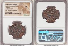 Ancients Byzantine Basil I the Macedonian (AD 867-886), with Constantine and Leo VI. AE follis (28mm, 7h). NGC VF. Constantinople, AD 870-879. + LЄOh bASIL S COhSt AЧGG, three-quarter length figures o