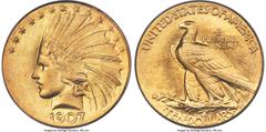 Indian Eagles 1907 $10 Wire Rim MS65 PCGS. When Augustus Saint-Gaudens had an artistic idea that worked, he would often slightly modify and reuse it on other commissions. On the ten dollar gold piece,
