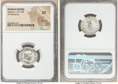 Ancients Roman Imperial Balbinus (April-July AD 238). AR denarius (20mm, 6h). NGC XF, brushed. Rome. IMP C D CAEL BALBINVS AVG, laureate, draped and cuirassed bust of Balbinus right, seen from front /