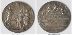 Russia Nicholas II silvered-bronze "Laying of Foundation Stone for Alexander III Bridge in Paris" Medal 1900 XF, Diakov-1320.1. 70.2mm. 140.6gm. By Daniel Dupuis. Comes with dark maroon box, lid embos