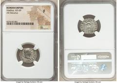 Ancients Roman Imperial Vitellius (late April-20 December AD 69). AR denarius (19mm, 6h). NGC Fine. Rome. A VITELLIVS GERM IMP AVG TR P, laureate head of Vitellius right / XV VIR-SACR FAC, tripod-lebe