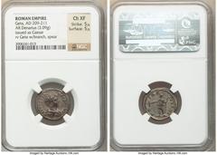 Ancients Roman Imperial Geta (AD 198-209). AR denarius (19mm, 3.09 gm, 12h). NGC Choice XF 5/5 - 5/5. Rome, AD 200-202. P SEPT GETA-CAES PONT, bare headed, draped bust of Geta right, seen from behind 