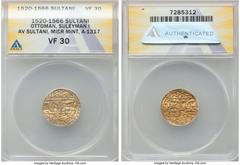 Islamic Dynasties Ottoman Empire Ottoman Empire. Suleyman I (AH 926-974 / AD 1520-1566) gold Sultani AH 926 (AD 1520/1521) VF30 ANACS, Misr mint (in Egypt), A-1317. HID05401242017 © 2022 Heritage Auct