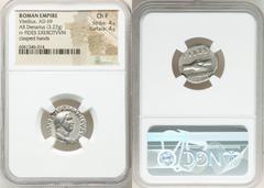 Ancients Roman Imperial Vitellius (late April-20 December AD 69). AR denarius (18mm, 3.27 gm, 5h). NGC Choice Fine 4/5 - 4/5. Rome. A VITELLIVS GERMANICVS IMP, bare head of Vitellius right / FIDES / E