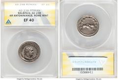 Ancients Roman Imperial Balbinus (April-July AD 238). AR antoninianus (23mm, 6h). ANACS XF 40. Rome. IMP CAES D CAEL BALBINVS AVG, radiate, draped, and cuirassed bust of Balbinus right, seen from fron