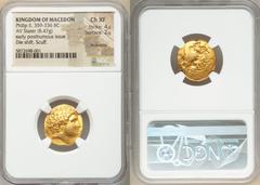 Ancients Greek MACEDONIAN KINGDOM. Philip II (359-336 BC). AV stater (19mm, 8.47 gm, 5h). NGC Choice XF 4/5 - 2/5, ex-jewelry, die shift, scuff. Posthumous issue of Lampsacus, under Philip III Arrhida