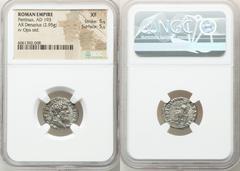 Ancients Roman Imperial Pertinax (1 January-28 March AD 193). AR denarius (17mm, 2.95 gm, 1h). NGC XF 5/5 - 5/5. Alexandria. IMP CAES P HELV-PERTIN AVG, laureate head of Pertinax right / OPI•DIVIN-TR 