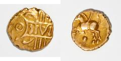 Celtic Britain, Catuvellauni. Tasciovanus. Ca. 25-10 B.C. AV 1/4 stater (12 mm, 1.33 g, 3 h). Third coinage. Verulamium, ca. 15-10 B.C. TASC on tablet / Horse left; below, pellet. Hobbs 1647-50; Mack 