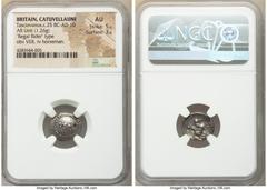 Ancients Celtic BRITAIN. Catuvellauni & Trinovantes. Tasciovanus (ca. 25 BC-AD 10). AR unit (15mm, 1.26 gm, 10h). NGC AU 5/5 - 3/5. "Regal Rider" Type. VER, legend in dotted border / Horseman right, w