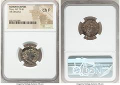 Ancients Roman Imperial Titus, as Augustus (AD 79-81). AR denarius (19mm, 7h). NGC Choice Fine. Rome, after July 1 AD 79. IMP TITVS CAES VESPASIAN AVG P M, laureate head of Titus right / TR P VIIII IM