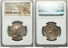 Ancients Greek SELEUCID KINGDOM. Demetrius II Nicator, second reign (129-125 BC). AR tetradrachm (30mm, 16.64 gm, 12h). NGC Choice XF 5/5 - 3/5, Fine Style, edge bumps. Antioch on the Orontes, 129-128