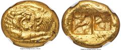 Ancients Greek LYDIAN KINGDOM. Croesus (ca. 561-546 BC). AV stater (15mm, 8.11 gm). NGC Choice AU 5/5 - 2/5, scuffs. Sardes, "light" standard, ca. 550-546 BC. Confronted foreparts of lion right and bu