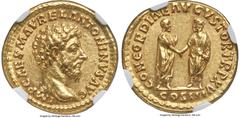Ancients Roman Imperial Marcus Aurelius, as Augustus (AD 161-180). AV aureus (19mm, 7.17 gm, 5h). NGC MS 5/5 - 4/5, Fine Style, edge marks. Rome, March-December AD 161. IMP CAES M AVREL ANTONINVS AVG,