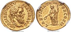 Ancients Roman Imperial Pertinax (1 January-28 March AD 193). AV aureus (20mm, 7.20 gm, 7h). NGC Choice MS 5/5 - 5/5. Rome. IMP CAES P HELV-PERTIN•AVG, laureate head of Pertinax right / LAETITIA•TEM-P