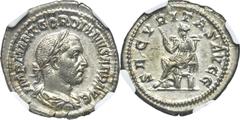 Ancients Roman Imperial Gordian I Africanus (March-April AD 238). AR denarius (21mm, 3.20 gm, 5h). NGC Choice AU S 5/5 - 5/5, Fine Style. Rome. IMP M ANT GORDIANVS AFR AVG, laureate, draped, and cuira