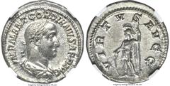 Ancients Roman Imperial Gordian II Africanus (March-April AD 238). AR denarius (19mm, 3.11 gm, 12h). NGC Choice AU 5/5 - 4/5. Rome. IMP M ANT GORDIANVS AFR AVG, laureate, draped, and cuirassed bust of