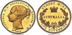 Australia Victoria gold Proof Pattern Sovereign 1853-SYDNEY PR63 Ultra Cameo NGC, London mint, KM-Pn2, McDonald-101 (this coin), Rennik-pg. 24 (this coin cited), Marsh-A358 (R6), QM-24 (R7; this coin)