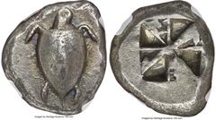 Ancients Greek SARONIC ISLANDS. Aegina. Ca. 525-480 BC. AR stater (21mm, 12.31 gm). NGC Choice XF 5/5 - 4/5. Sea turtle, viewed from above, head turned sideways, with thin collar and row of dots down 