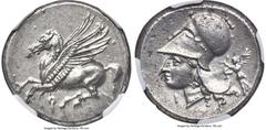 Ancients Greek CORINTHIA. Corinth. 4th century BC. AR stater (20mm, 8.56 gm, 5h). NGC Choice AU 5/5 - 3/5. Ca. 375-300 BC. Pegasus flying left; Ϙ below / Head of Athena left, wearing necklace and Cori