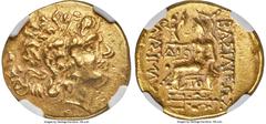 Ancients Greek PONTIC KINGDOM. Mithradates VI Eupator (120-63 BC). AV stater (20mm, 8.30 gm, 12h). NGC Choice XF 4/5 - 3/5, die shift. Late posthumous issue in name and types of Lysimachus of Thrace, 
